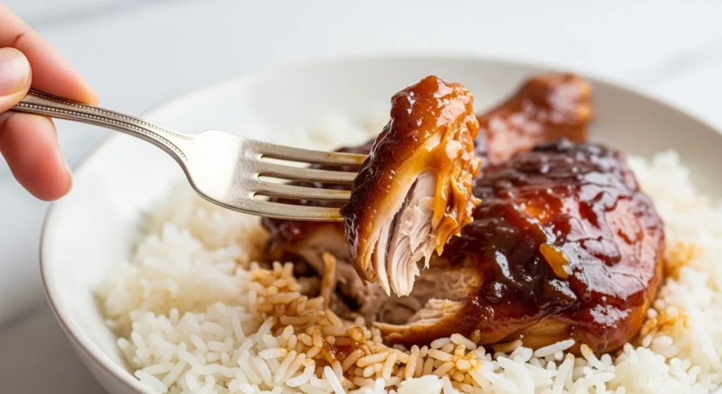 A close-up macro shot of a silver fork holding a tender, juicy bite of dark meat pulled from a glazed drumstick, demonstrating the delicious, fall-off-the-bone result of this Coca Cola Chicken Recipe over rice.