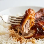A close-up macro shot of a silver fork holding a tender, juicy bite of dark meat pulled from a glazed drumstick, demonstrating the delicious, fall-off-the-bone result of this Coca Cola Chicken Recipe over rice.