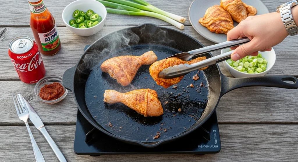 A hand using metal tongs to flip spice-rubbed meat in a hot cast-iron skillet, showcasing one of the best easy chicken drumstick recipes, with the ingredients to make a Coca Cola Chicken Recipe resting nearby.