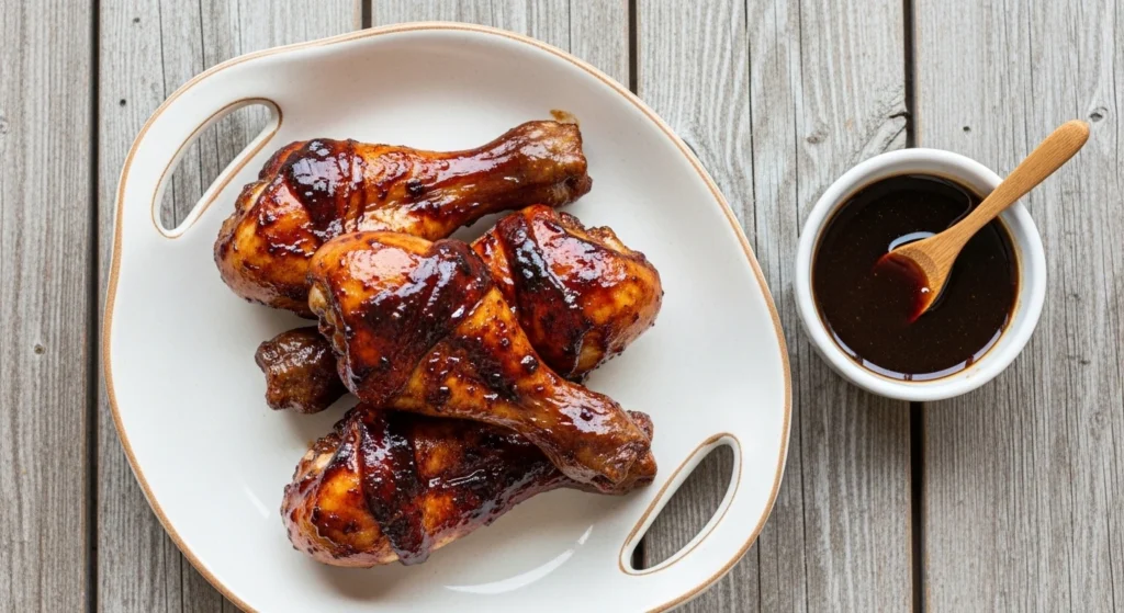 A white ceramic serving platter filled with authentic Pollo a la Coca Cola drumsticks next to a small bowl of rich, dark sauce created by reducing Coca Cola chicken with ketchup.