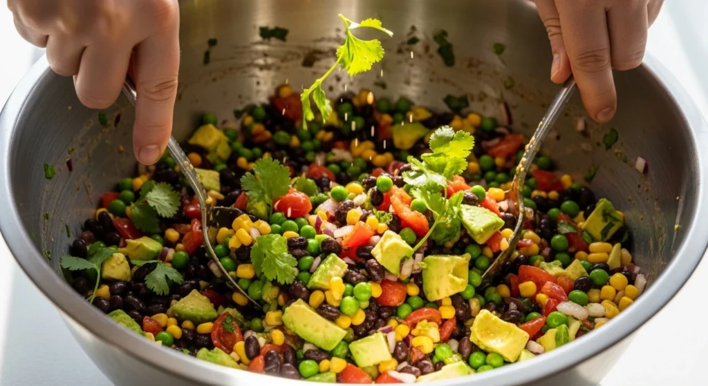 A dynamic close-up action shot of hands using two serving spoons to toss a large metal bowl of fresh Cowboy Caviar Recipe, with sprigs of cilantro falling into the vibrant mix of black beans, sweet corn, and diced avocado.