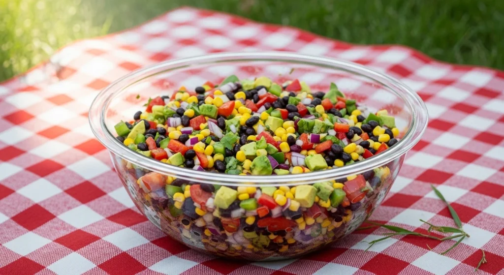 A clear glass bowl brimming with colorful Cowboy Caviar resting on a red and white checkered picnic blanket out on the grass, highlighting the beautiful, uniform layers of black beans, corn, and fresh peppers.