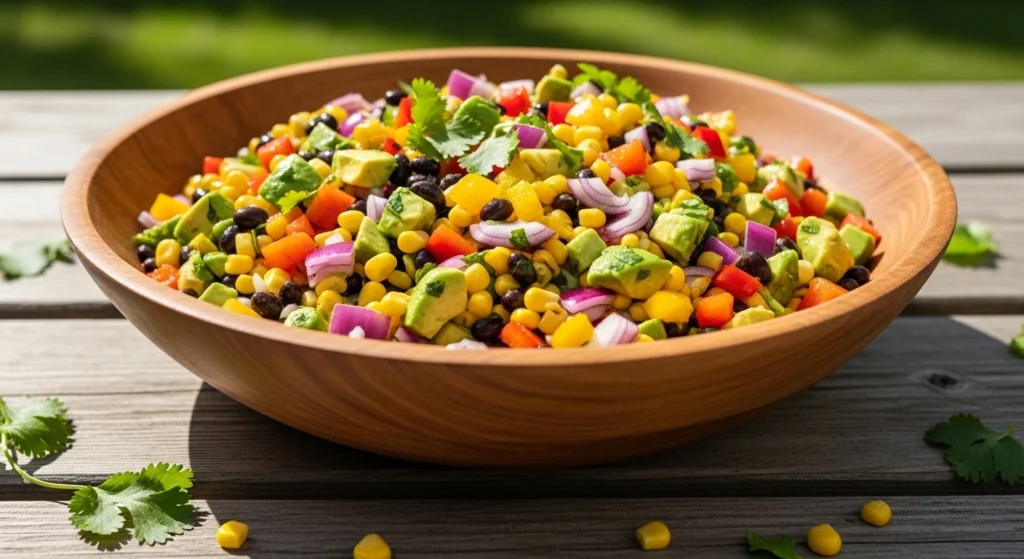 large, rustic wooden serving bowl overflowing with healthy Cowboy Caviar sitting on an outdoor slatted table in bright, natural sunlight, showcasing the fresh, chopped veggies and cilantro.