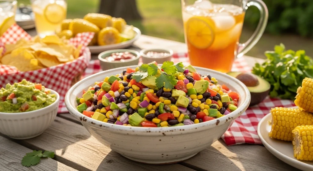 A beautiful, sun-drenched outdoor summer party spread featuring a white ceramic bowl of Cowboy Caviar Recipe in the center, surrounded by a basket of tortilla chips, guacamole, fresh corn, and a cold pitcher of iced tea.