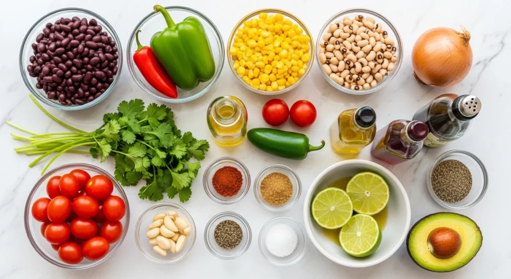 An overhead flat lay photograph of fresh ingredients for a Cowboy Caviar Recipe on a white marble counter, neatly arranging bowls of black beans, black-eyed peas, sweet corn, limes, a halved avocado, fresh cilantro, and dressing spices.
