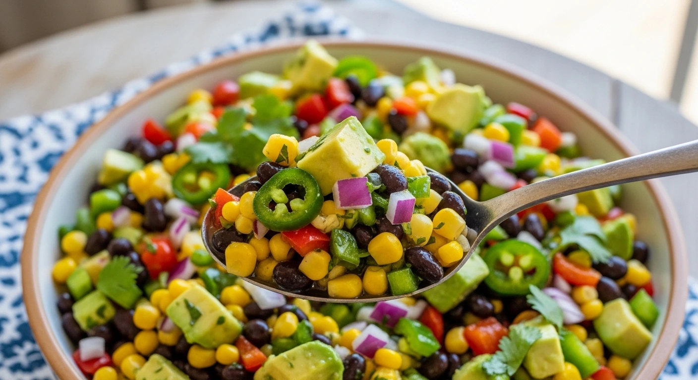 An appetizing, extreme close-up of a silver spoon lifting a generous, loaded scoop of the best Cowboy Caviar ever right out of the bowl, featuring glistening black beans, yellow corn, a sliced jalape&ntilde;o ring, and chunks of creamy avocado.