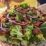 A candid, natural human-shot aesthetic photo of a large glass bowl filled with creamy classic broccoli crunch salad, loaded with fresh green broccoli, crispy bacon, red onions, and sweet cranberries, sitting on a wooden picnic table at a summer cookout.