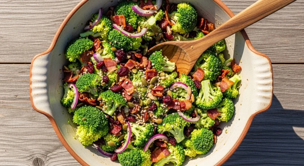 A close-up action shot of a large wooden spoon lifting a generous scoop of an easy broccoli salad recipe out of a clear glass bowl, showcasing the glistening creamy dressing coating the fresh florets and crispy bacon.