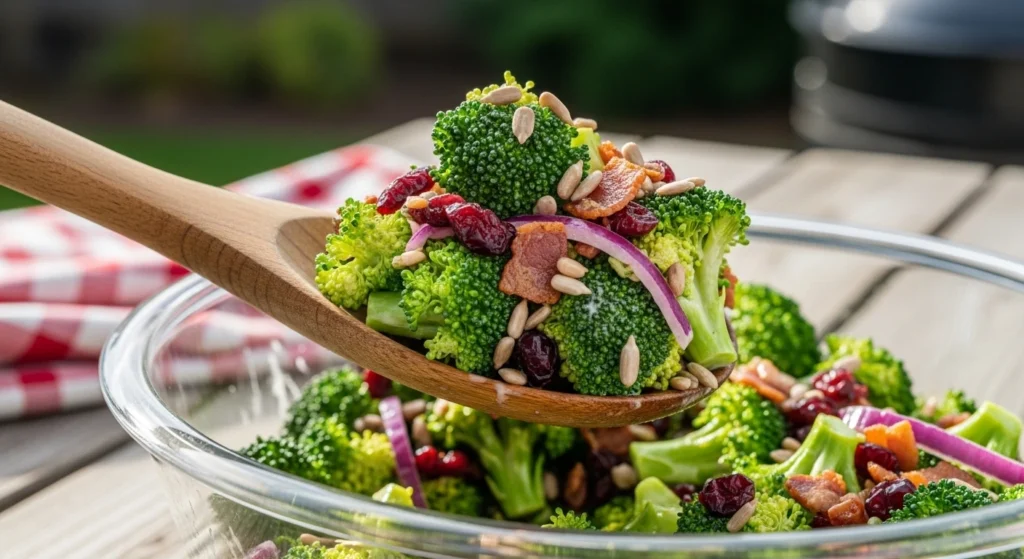 A highly textural, close-up photograph capturing a wooden ladle dropping golden roasted sunflower seeds onto a freshly dressed broccoli crunch salad with cranberries and bacon, glistening under bright kitchen window light.