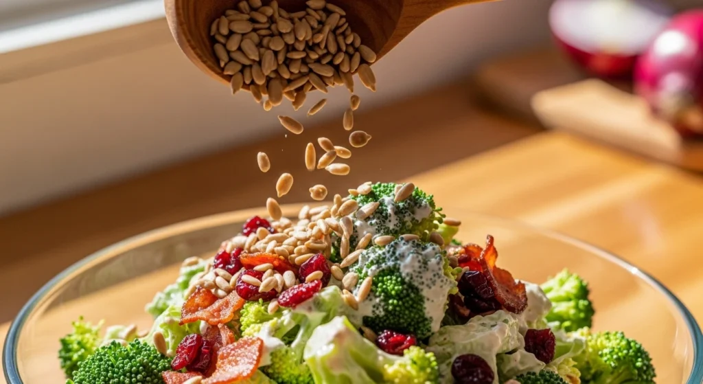 A brightly lit overhead photograph of a large, rustic blue ceramic serving bowl filled to the brim with colorful, healthy broccoli salad, showcasing a beautiful mosaic of green florets, red cranberries, and tan sunflower seeds on a red-and-white checkered tablecloth.