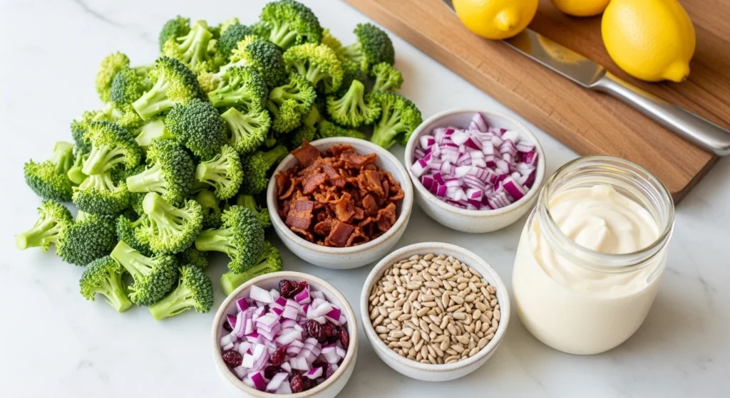 A clean, natural photo displaying the raw ingredients for the perfect summer cookout side dish on a marble kitchen counter, featuring chopped broccoli florets, crumbled bacon, diced red onion, sunflower seeds, and a jar of creamy mayonnaise dressing.