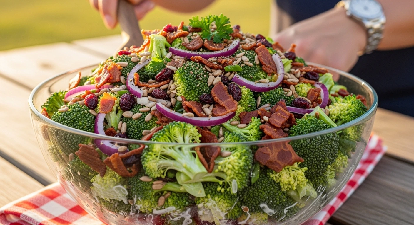 A candid, natural human-shot aesthetic photo of a large glass bowl filled with creamy classic broccoli crunch salad, loaded with fresh green broccoli, crispy bacon, red onions, and sweet cranberries, sitting on a wooden picnic table at a summer cookout.