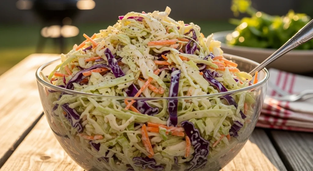 A brightly lit overhead photograph of a large yellow serving bowl filled with a colorful coleslaw mix of cabbage and carrots, sitting on a distressed teal wooden table.