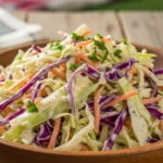 A candid, highly photorealistic photo of a large clear glass bowl overflowing with creamy coleslaw on a rustic wooden picnic table at a summer cookout.