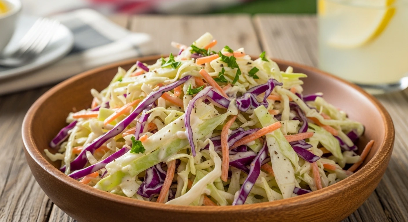 A candid, highly photorealistic photo of a large clear glass bowl overflowing with creamy coleslaw on a rustic wooden picnic table at a summer cookout.