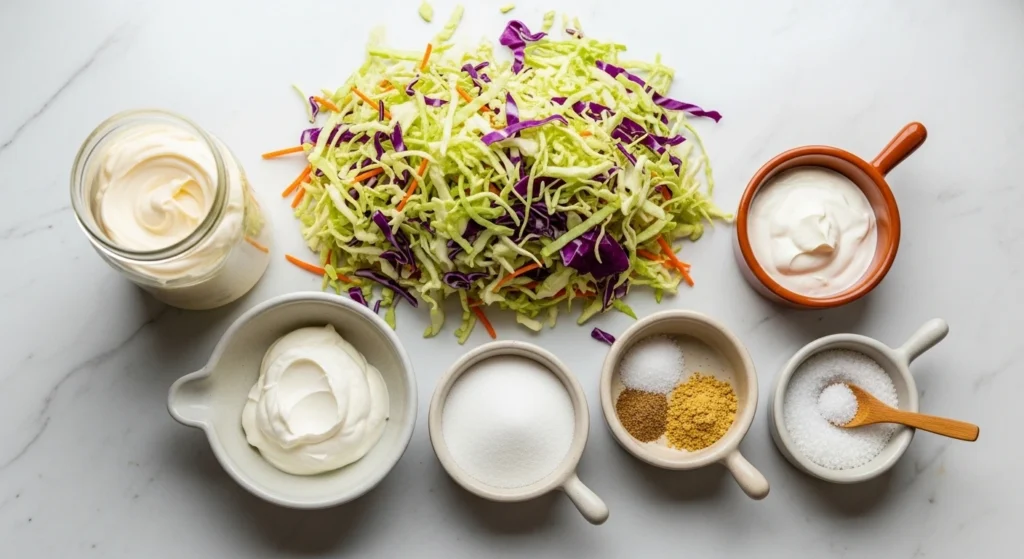 A clean, bright overhead flat lay on a white marble counter displaying the raw ingredients for creamy coleslaw, including shredded cabbage, mayonnaise, sour cream, and spices for a homemade coleslaw dressing.