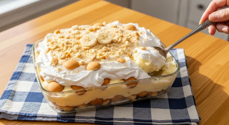 A warm, inviting photograph of the best easy banana pudding served in a glass dish, beautifully topped with fluffy whipped cream, crushed cookies, and fresh banana slices on a sunlit wooden table.