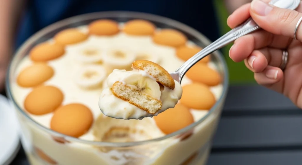 An extreme close-up of a hand holding a spoon over a banana pudding trifle, highlighting a perfect bite with a fresh banana slice, banana pudding with condensed milk, and a softened vanilla wafer.