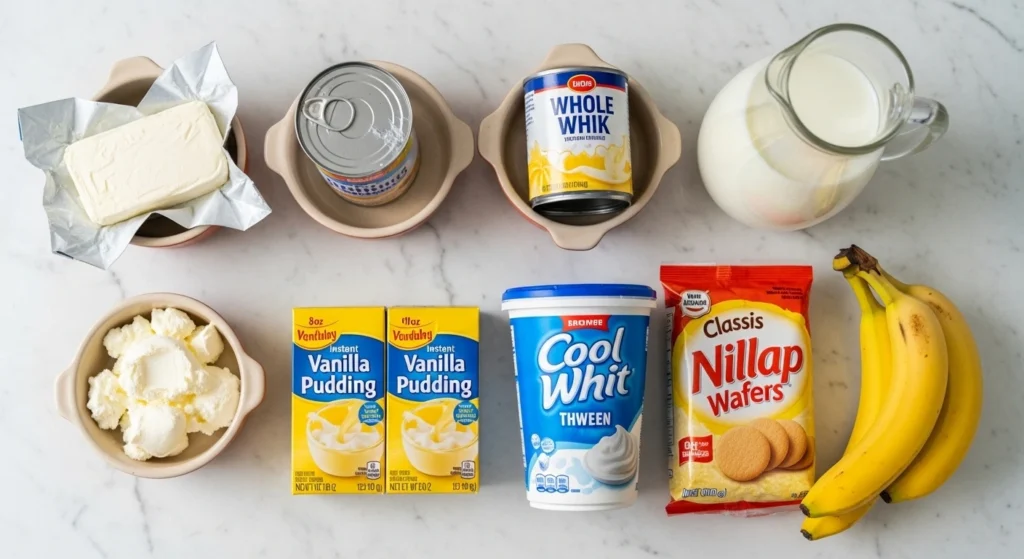 A bright overhead flat lay on a marble counter displaying the ingredients to make banana pudding with vanilla wafers, including fresh bananas, pudding mix, cold milk, cream cheese, and whipped topping.