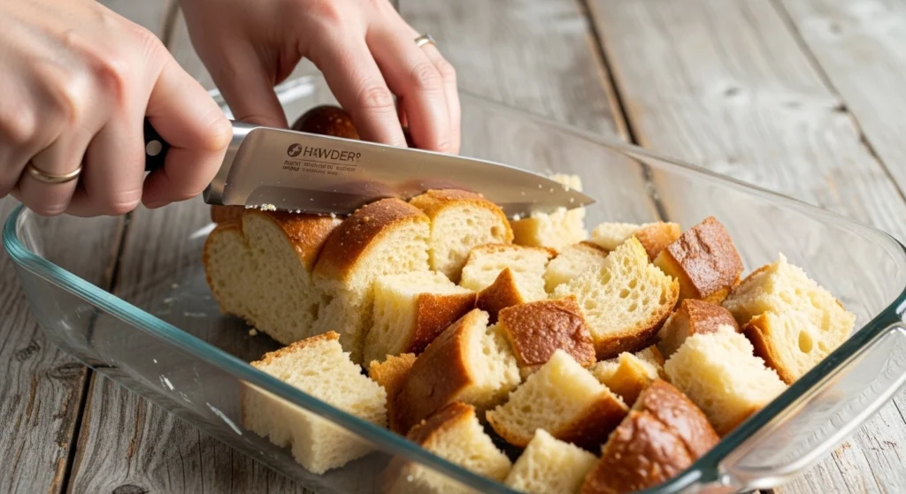 A person's hands using a chef's knife to cut thick brioche bread into cubes inside a glass baking dish to prep an easy overnight French toast casserole.