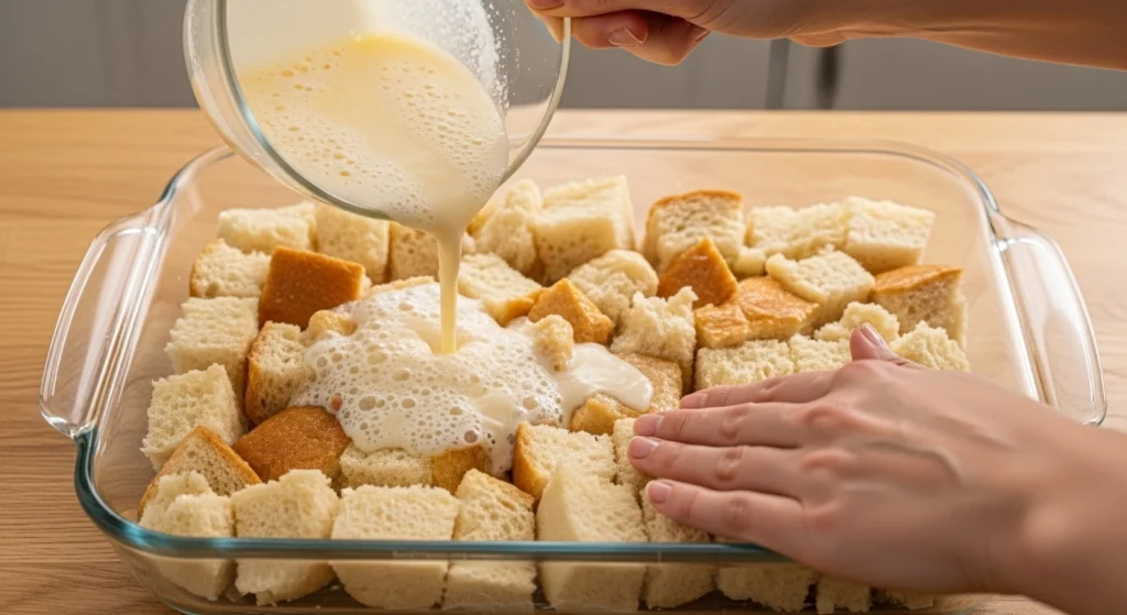 A hand pouring a rich, creamy egg and milk custard mixture over thick bread cubes in a glass baking dish to create the best French toast bake.