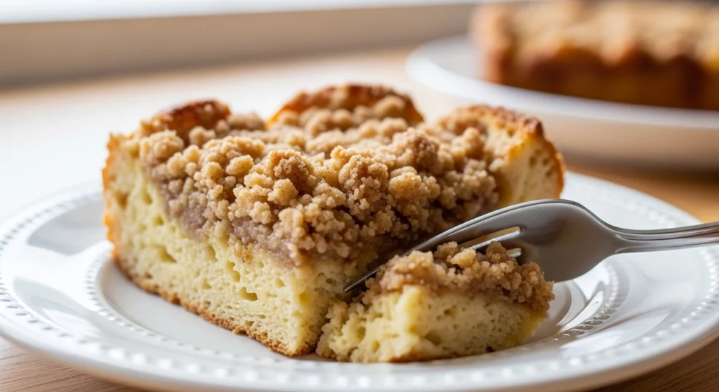 A silver fork cutting into a soft, custardy slice of baked French toast casserole, highlighting the sweet crumb topping of this easy make-ahead breakfast.