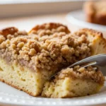A silver fork cutting into a soft, custardy slice of baked French toast casserole, highlighting the sweet crumb topping of this easy make-ahead breakfast.