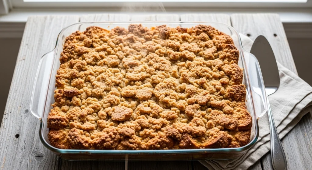A freshly baked French toast casserole steaming in a glass 9x13 dish on a rustic wooden table, featuring a golden-brown crumb topping that is perfect for holiday breakfast recipes.