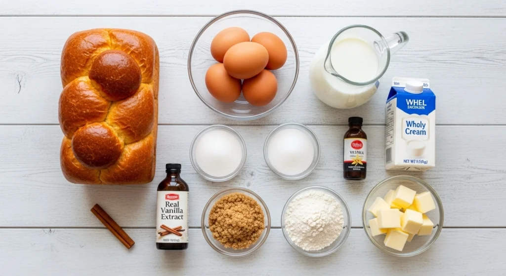 An overhead flat lay of fresh ingredients for making French toast casserole, including a loaf of bread, eggs, milk, heavy cream, real vanilla, brown sugar, and butter on a white wooden table.