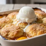 Using a wire pastry blender to cut cold, cubed butter into a flour mixture to create a flaky, tender biscuit topping for a homemade peach cobbler from scratch.