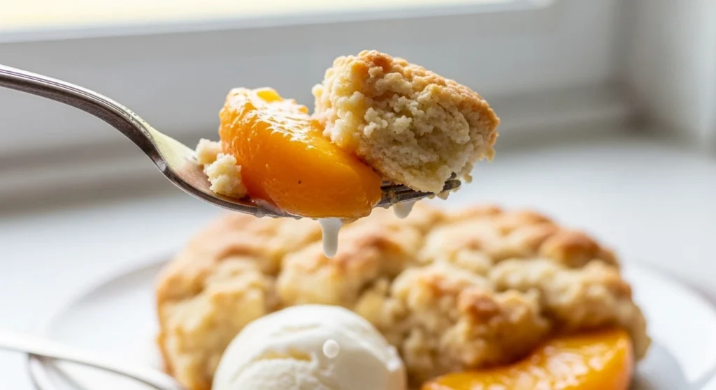 A vintage silver fork holding a perfect, mouth-watering bite of a Fresh Southern Peach Cobbler recipe, featuring a syrupy baked peach slice, buttery crust, and a drip of melting vanilla ice cream.