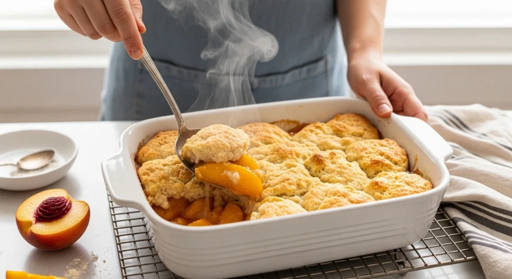 Serving a steaming, hot scoop of easy Southern peach cobbler straight from a white baking dish resting on a wire cooling rack in a bright, sunlit kitchen.