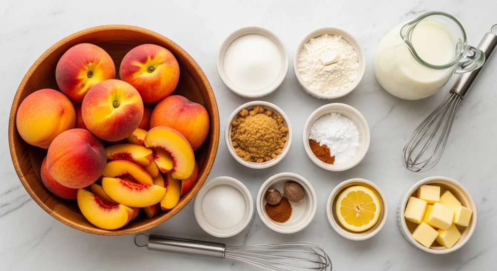 A bright overhead layout of ingredients needed to make an old-fashioned peach cobbler with fresh peaches, including a wooden bowl of ripe peaches, flour, butter, sugar, spices, and milk on a white marble counter.