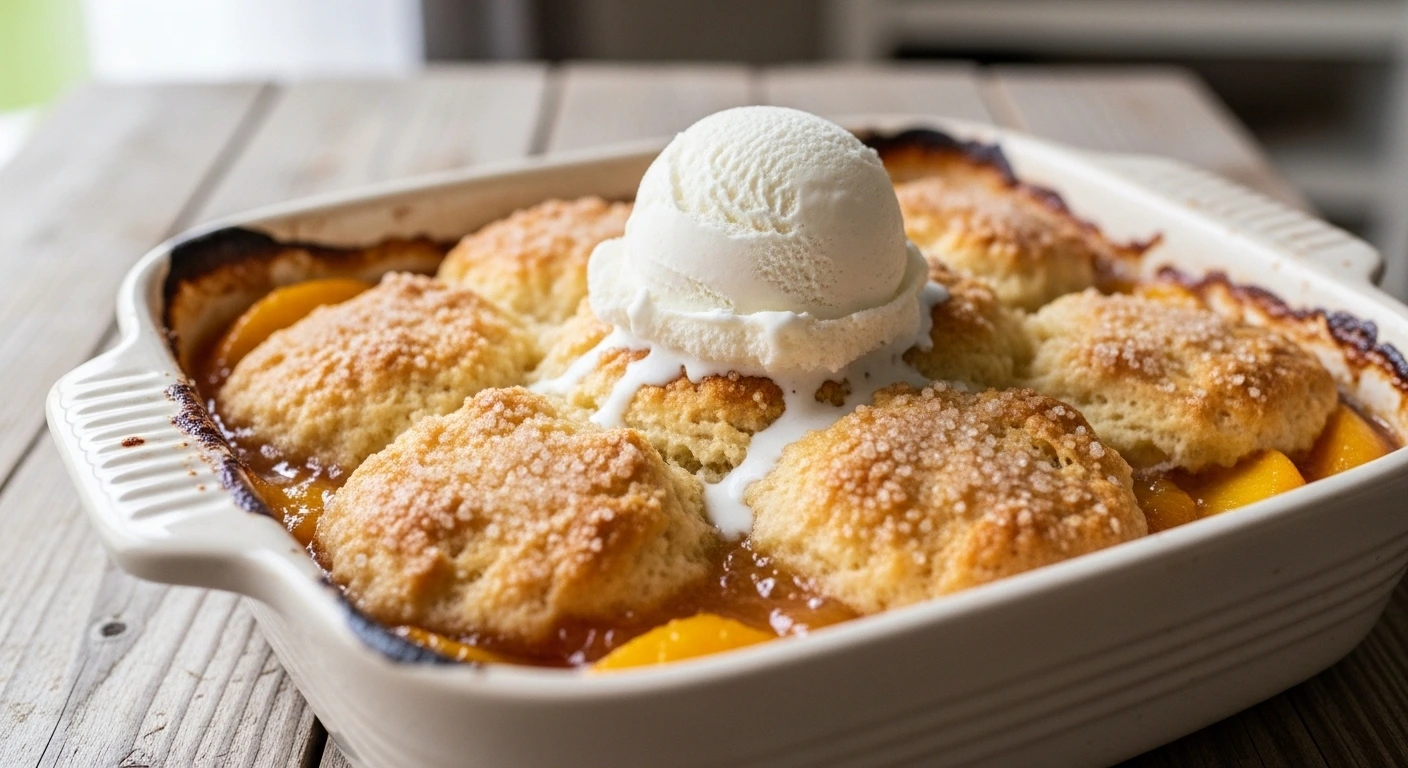 Using a wire pastry blender to cut cold, cubed butter into a flour mixture to create a flaky, tender biscuit topping for a homemade peach cobbler from scratch.