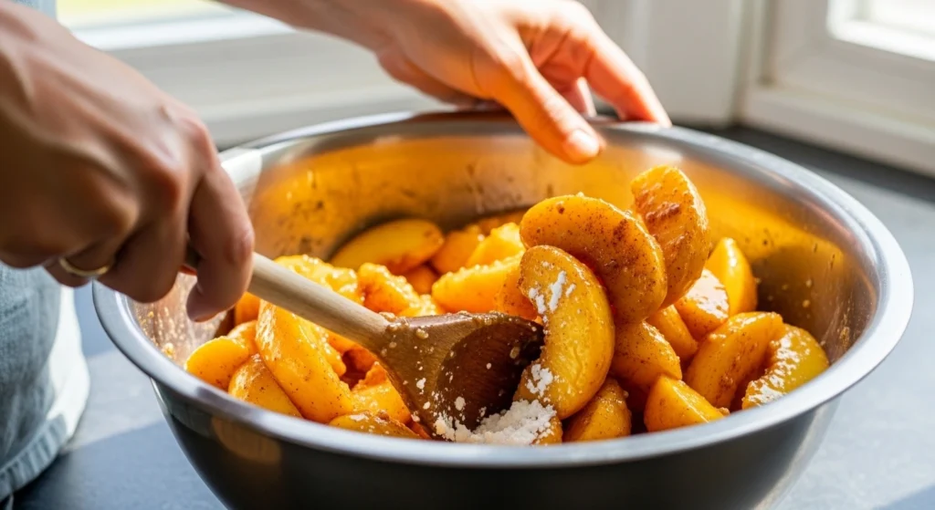 A person using a wooden spoon to toss thick wedges of fresh peaches with sugar, cinnamon, and cornstarch in a large metal bowl to make a sweet cobbler filling.