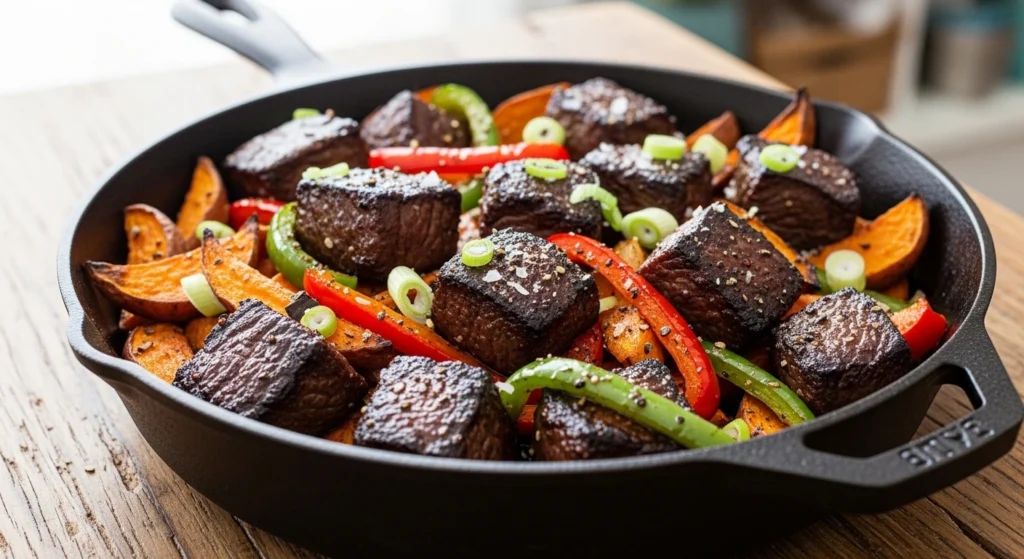 Close-up of juicy pan-seared steak bites, roasted sweet potatoes, and colorful bell peppers garnished with green onions in a cast iron skillet.