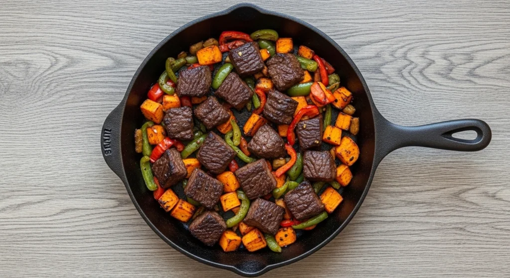 Overhead shot of a cast iron skillet filled with a healthy one-pan dinner of flat iron steak bites, cubed sweet potatoes, and peppers on a wooden table.