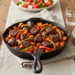 A family-style dining table set with a cast iron skillet of paleo steak bites and sweet potatoes, surrounded by plates, glasses, and a fresh side salad.