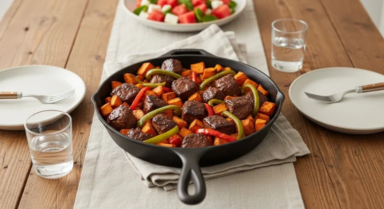 A family-style dining table set with a cast iron skillet of paleo steak bites and sweet potatoes, surrounded by plates, glasses, and a fresh side salad.