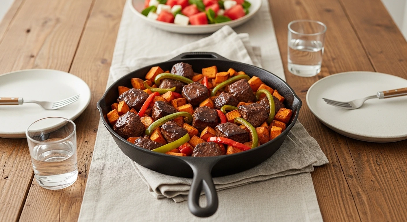 A family-style dining table set with a cast iron skillet of paleo steak bites and sweet potatoes, surrounded by plates, glasses, and a fresh side salad.