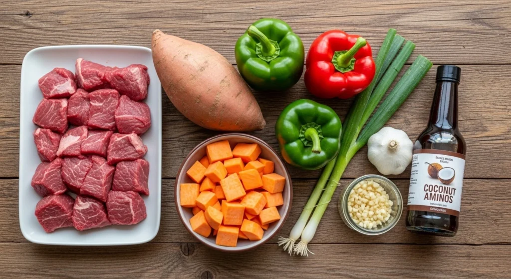 Fresh ingredients for a steak skillet dinner including raw beef cubes, sweet potatoes, red and green bell peppers, green onions, garlic, and a bottle of coconut aminos on a wooden board.