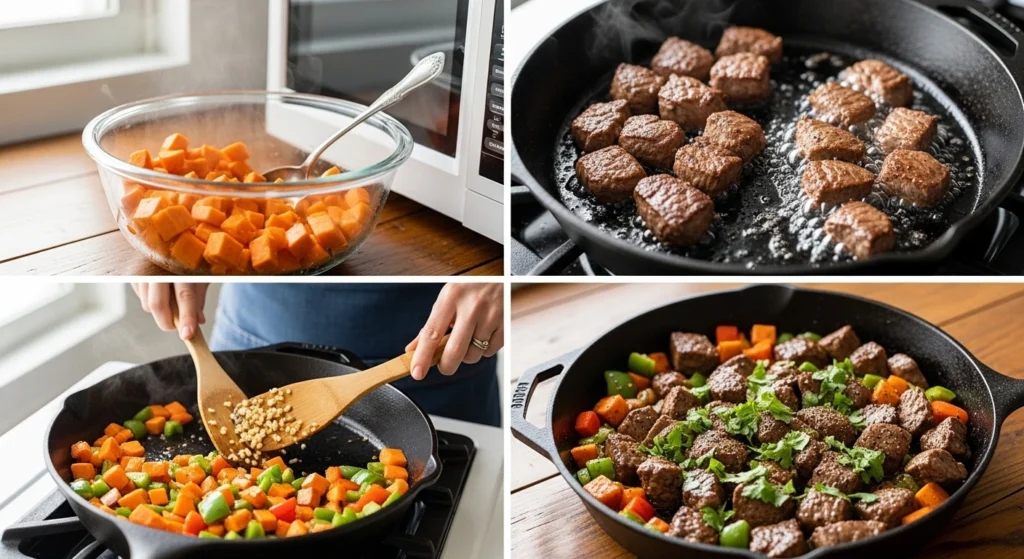 A four-part collage showing the cooking steps for steak bites: microwaving sweet potatoes, searing steak cubes in a skillet, sautéing vegetables with garlic, and the final glazed dish.