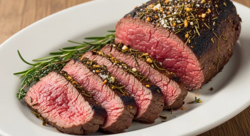 A beautifully sliced Garlic Herb Roasted Pork Tenderloin served on a white oval platter, showcasing a perfectly juicy pink center and a dark, savory herb crust garnished with fresh rosemary.
