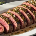A bright, mouth-watering shot of a sliced Garlic Herb Roasted Pork Tenderloin resting in its own rich, golden pan juices on a white serving plate, showing off a perfectly cooked, slightly pink center and a heavy herb rub.