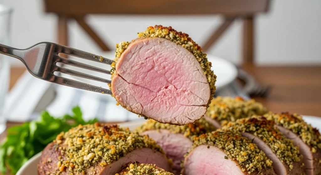 A candid close-up shot of a silver fork holding a single, juicy slice of Garlic Herb Roasted Pork Tenderloin, highlighting the tender pink meat and thick herb crust against a softly blurred dining table background.