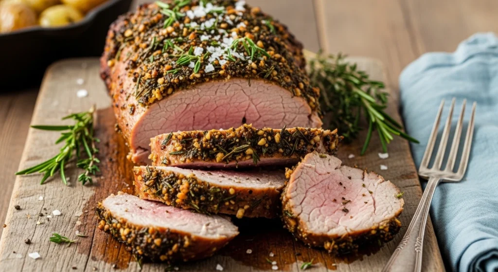 A rustic, natural-light photo of a Garlic Herb Roasted Pork Tenderloin sliced on a weathered wooden cutting board, featuring a golden-brown crust of minced garlic, rosemary, and thyme next to a soft blue napkin.