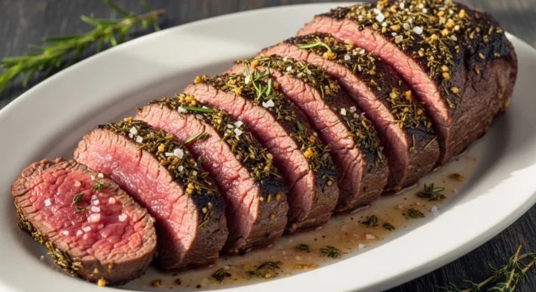 A bright, mouth-watering shot of a sliced Garlic Herb Roasted Pork Tenderloin resting in its own rich, golden pan juices on a white serving plate, showing off a perfectly cooked, slightly pink center and a heavy herb rub.