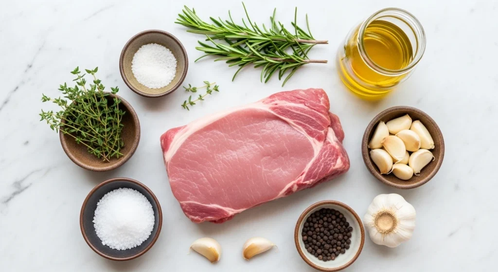 An overhead flat lay of the fresh ingredients needed to make a Garlic Herb Roasted Pork Tenderloin, including raw pork, fresh rosemary sprigs, thyme, whole garlic cloves, olive oil, salt, and black peppercorns on a white marble counter.