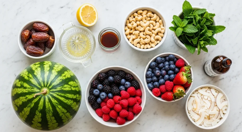 An overhead flat-lay photograph on a white marble counter displaying the fresh ingredients to make a healthy watermelon pizza recipe, including a whole watermelon, raw cashews and dates to make a dairy-free sweet cashew cream, fresh mixed berries, mint, and shredded coconut.