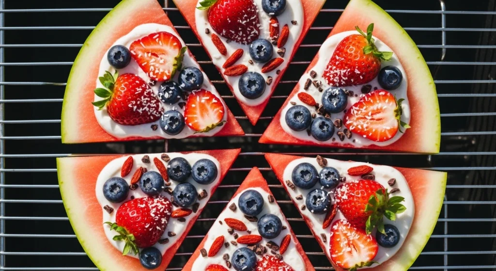 A bright overhead shot of a freshly sliced healthy fruit pizza resting on a wire rack, featuring vibrant watermelon wedges topped with dairy-free cream, fresh strawberries, blueberries, and coconut flakes that make perfect vegan fruit snacks for kids.